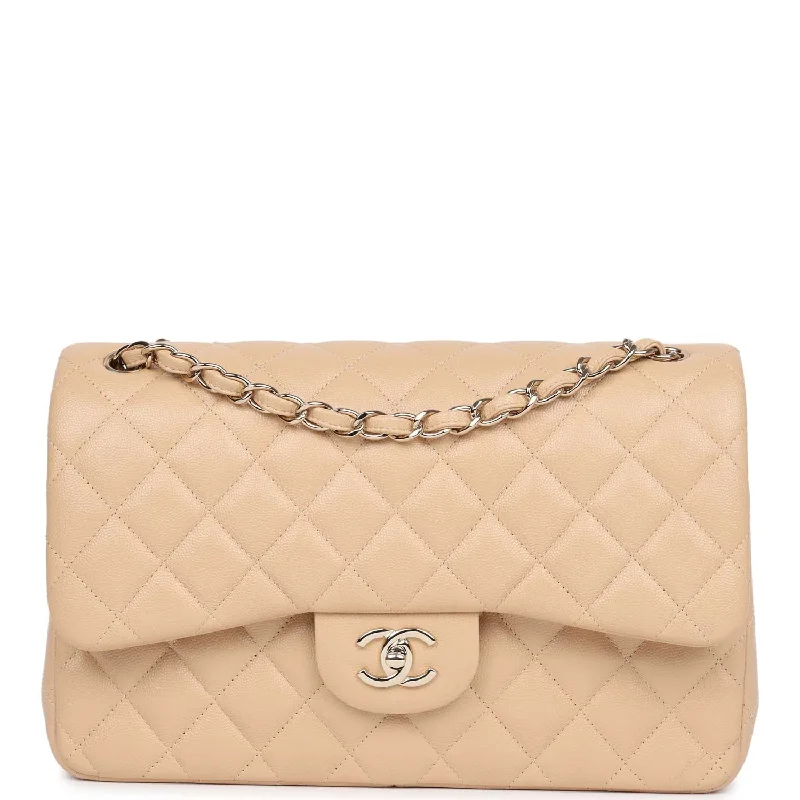 Handle bags with double handles for strength -Pre-owned Chanel Jumbo Classic Double Flap Bag Light Beige Caviar Gold Hardware