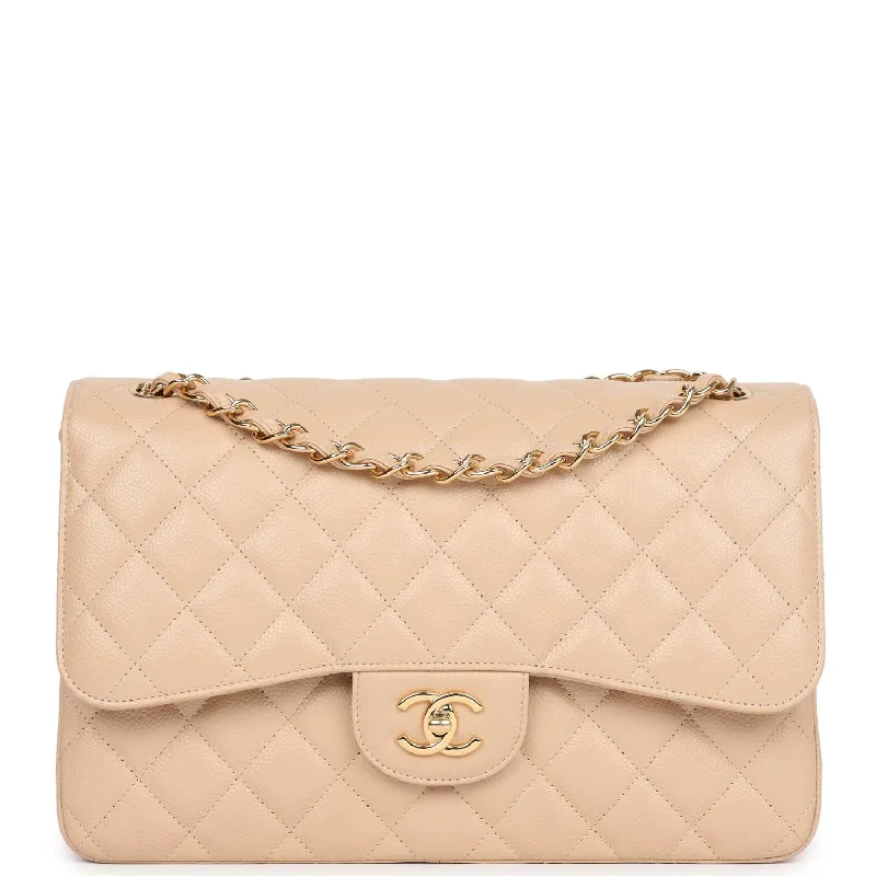 Handle bags with soft fabric for comfort -Pre-owned Chanel Jumbo Classic Double Flap Bag Light Beige Caviar Gold Hardware