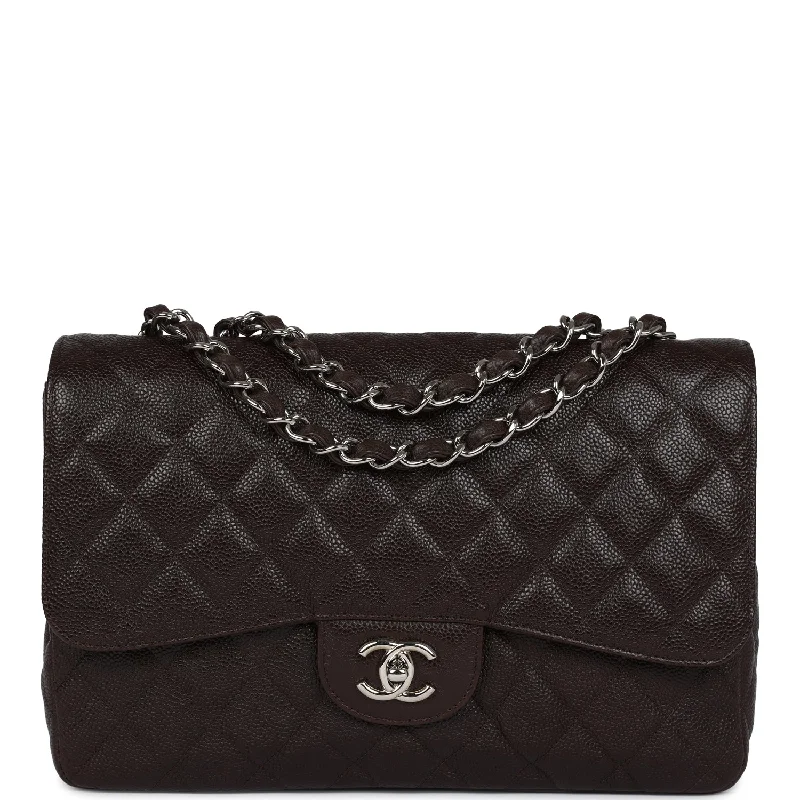 Handle bags with polka dots for fun -Pre-owned Chanel Jumbo Classic Single Flap Dark Brown Caviar Silver Hardware