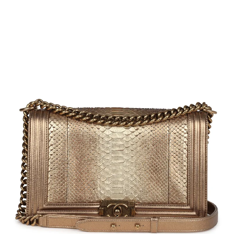 Handle bags with tropical prints for summer -Pre-owned Chanel Medium Boy Bag Metallic Gold Python Antique Gold Hardware