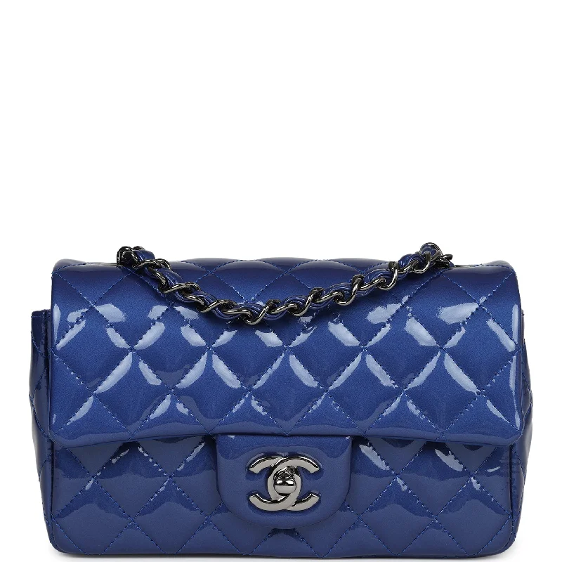 Handle bags with contrast stitching for detail -Pre-owned Chanel Mini Rectangular Flap Bag Blue Patent Ruthenium Hardware