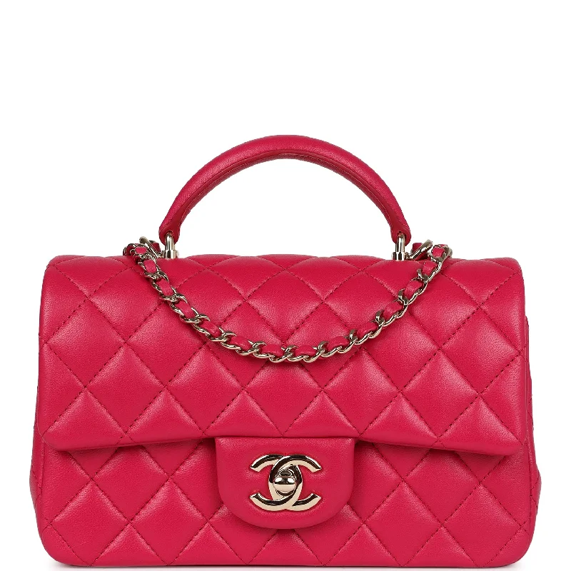 Handle bags with tropical leaves for summer -Pre-owned Chanel Mini Top Handle Rectangular Flap Bag Fuchsia Lambskin Light Gold Hardware