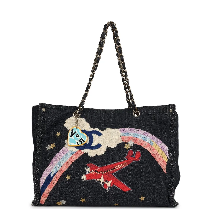 Handle bags with soft velvet for luxury -Pre-owned Chanel Night Flight Embroidered Shopping Tote Multicolored Denim Gold Hardware