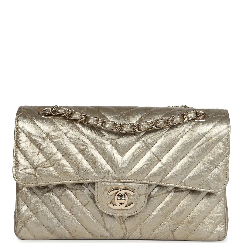 Handle bags with thick handles for support -Pre-owned Chanel Small Chevron Double Flap Bag Gold Metallic Patent Aged Calfskin Light Gold Hardware