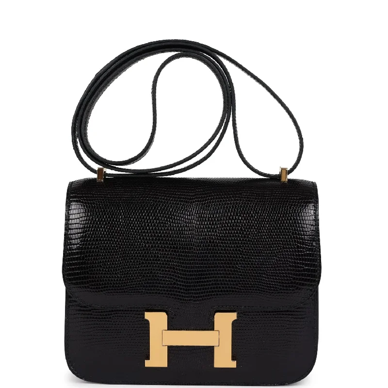 Handle bags with tropical prints for summer -Pre-owned Hermes Constance 18 Black Varanus Niloticus Lizard Gold Hardware