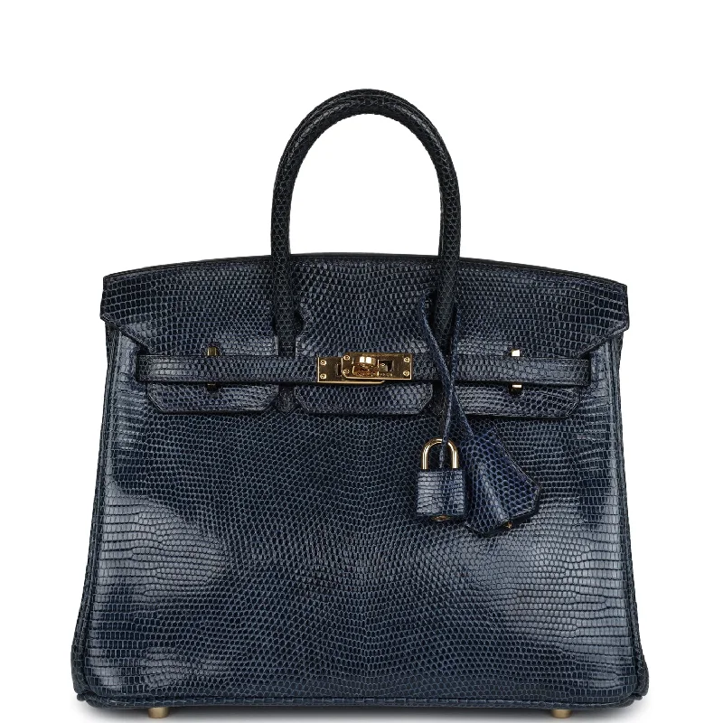 Handle bags with sleek hardware for sophistication -Pre-owned Hermes Birkin 25 Bleu De Malte Varanus Niloticus Lizard Gold Hardware