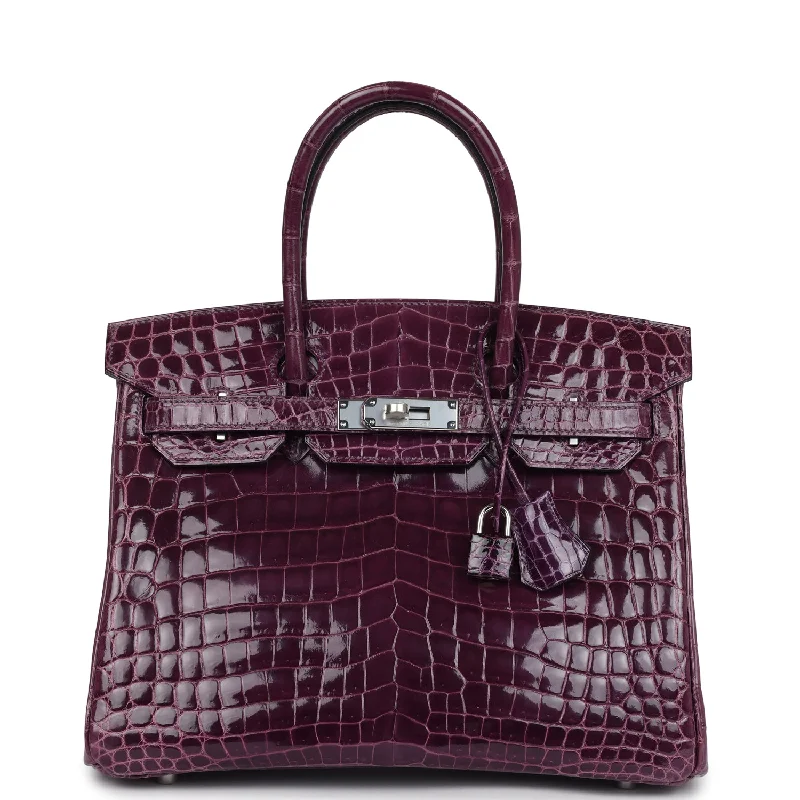 Reversible handle bags offering dual design styles -Pre-owned Hermes Birkin 30 Amethyst Shiny Niloticus Crocodile Palladium Hardware