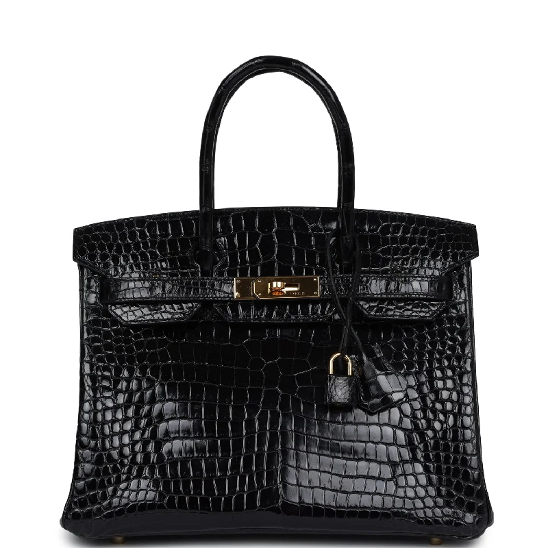 Handle bags with vintage clasps for nostalgia -Pre-owned Hermes Birkin 30 Black Shiny Porosus Crocodile Gold Hardware