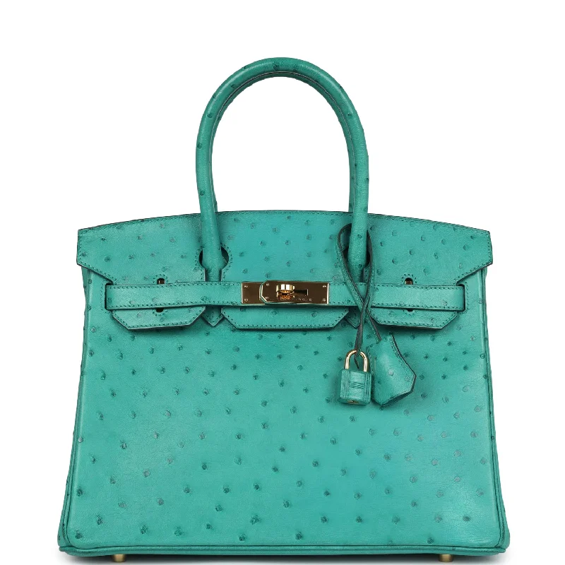 Handle bags with geometric patterns for modernity -Pre-owned Hermes Birkin 30 Vert Verone Ostrich Gold Hardware