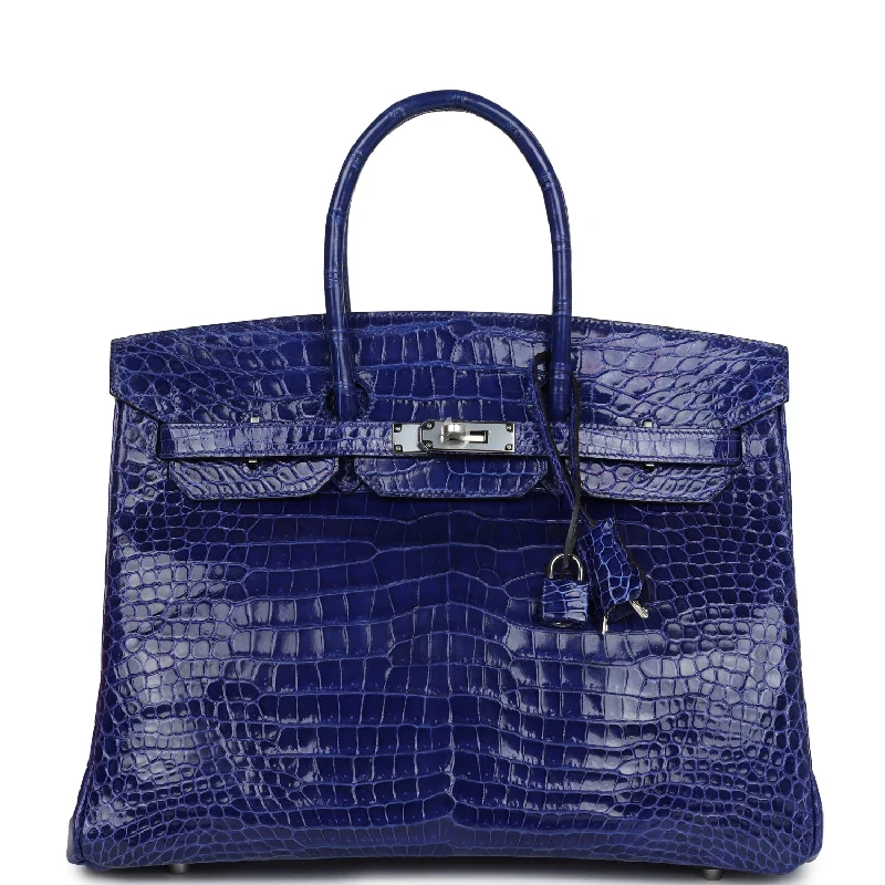 Handle bags with sturdy bases for stability -Pre-owned Hermes Birkin 35 Bleu Electric Shiny Porosus Crocodile Palladium Hardware