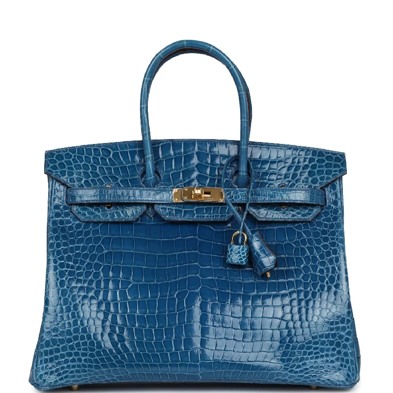 Handle bags with vegan suede for softness -Pre-owned Hermes Birkin 35 Bleu Mykonos Shiny Porosus Crocodile Gold Hardware