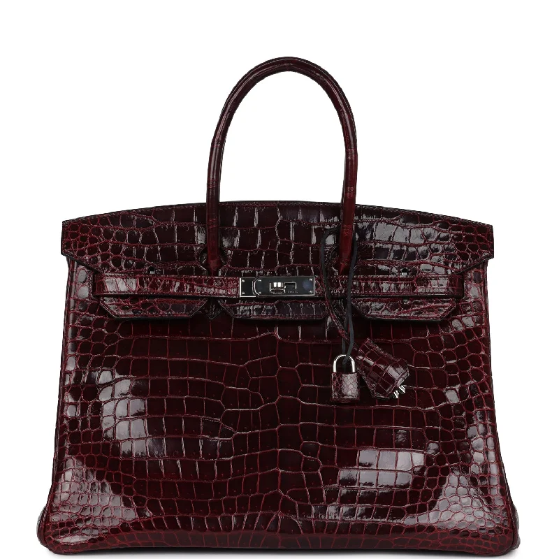 Quilted handle bags with stylish textured finish -Pre-owned Hermes Birkin 35 Bordeaux Shiny Porosus Crocodile Palladium Hardware