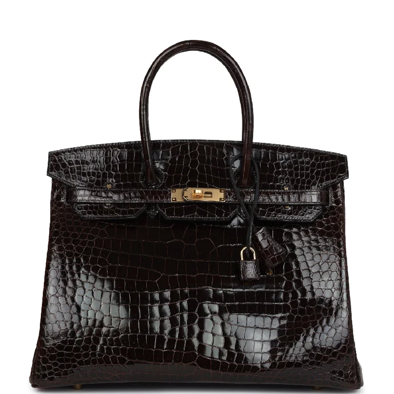 Foldable handle bags for easy storage convenience -Pre-owned Hermes Birkin 35 Cocaon Shiny Porosus Crocodile Gold Hardware