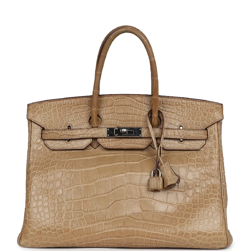 Handle bags with chevron designs for trend -Pre-owned Hermes Birkin 35 Poussiere Matte Alligator Palladium Hardware