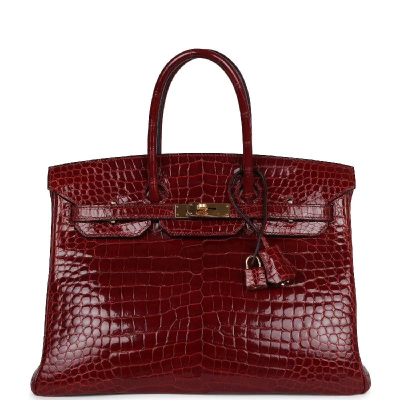 Large handle bags with spacious interior compartments -Pre-owned Hermes Birkin 35 Rouge H Shiny Crocodile Porosus Gold Hardware