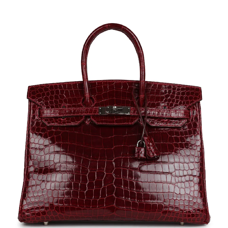 Handle bags with floral embroidery for detail -Pre-owned Hermes Birkin 35 Rouge H Shiny Porosus Crocodile Palladium Hardware