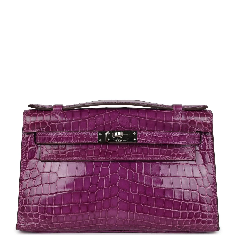 Foldable handle bags for easy storage convenience -Pre-owned Hermes Kelly Pochette Violet Shiny Niloticus Crocodile Palladium Hardware