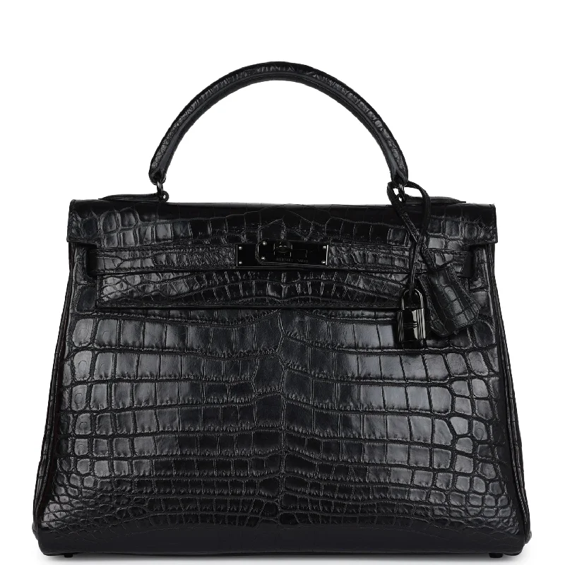 Handle bags with padded handles for comfort -Pre-owned Hermes Kelly Retourne 32 SO Black Matte Niloticus Crocodile Black Hardware