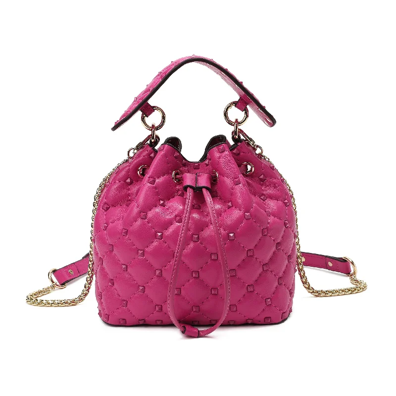 Handle bags with modern logos for branding -Quilted Studded Lambskin Drawstring Shoulder Bag