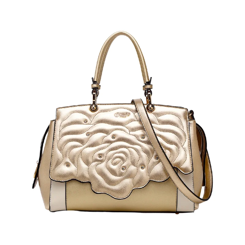 Handle bags with padded handles for comfort -Rosette 3d Crystal Vegan Leather Metallic Handbag