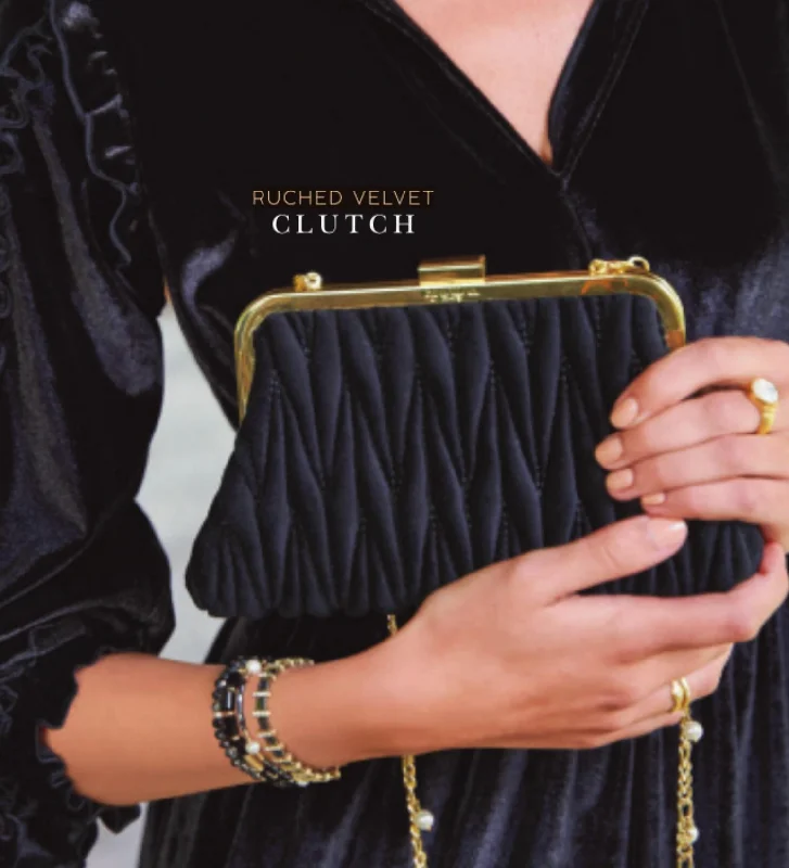 Handle bags with retro logos for charm -Ruched Velvet Clutch In Black