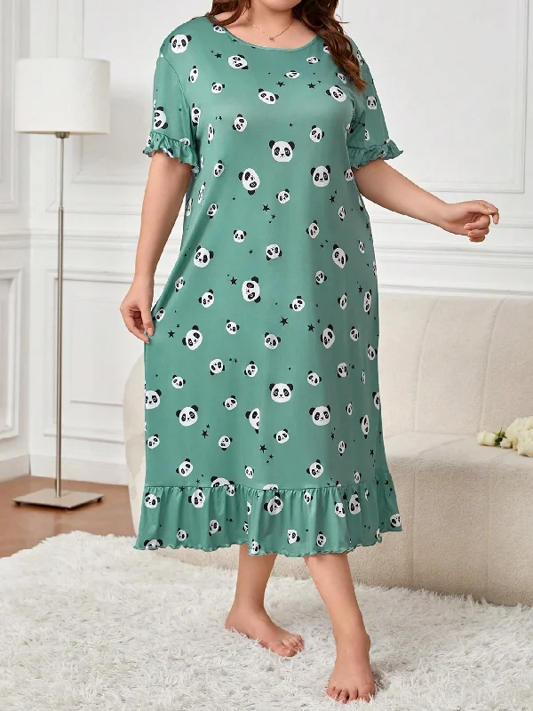 Handle bags with reinforced stitching for durability -SHEIN Plus Cartoon Panda and Star Print Ruffle Hem Nightdress