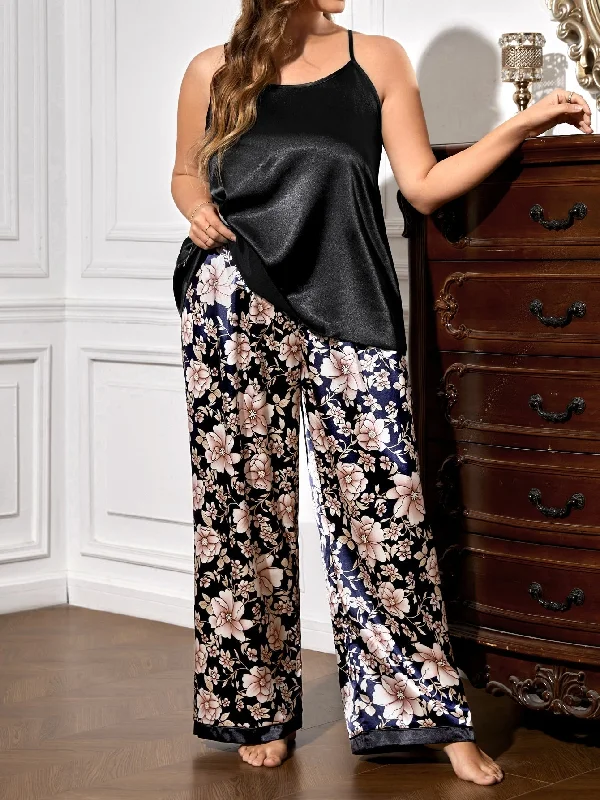 Handle bags with bold stripes for trendiness -SHEIN Plus Floral Print Satin Cami Top & Pants PJ Set