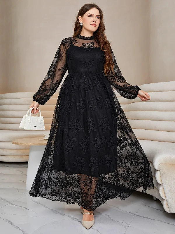 Handle bags with bohemian tassel embellishments -SHEIN Plus Lantern Sleeve Mock Neck Lace Dress