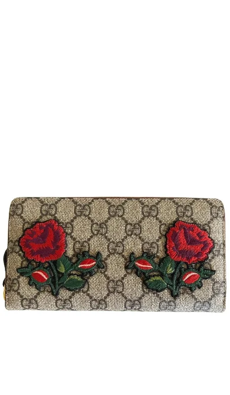 Handle bags with multi-color weaves for vibrancy -GG Supreme Monogram Embroidered Floral Zip Around Wallet