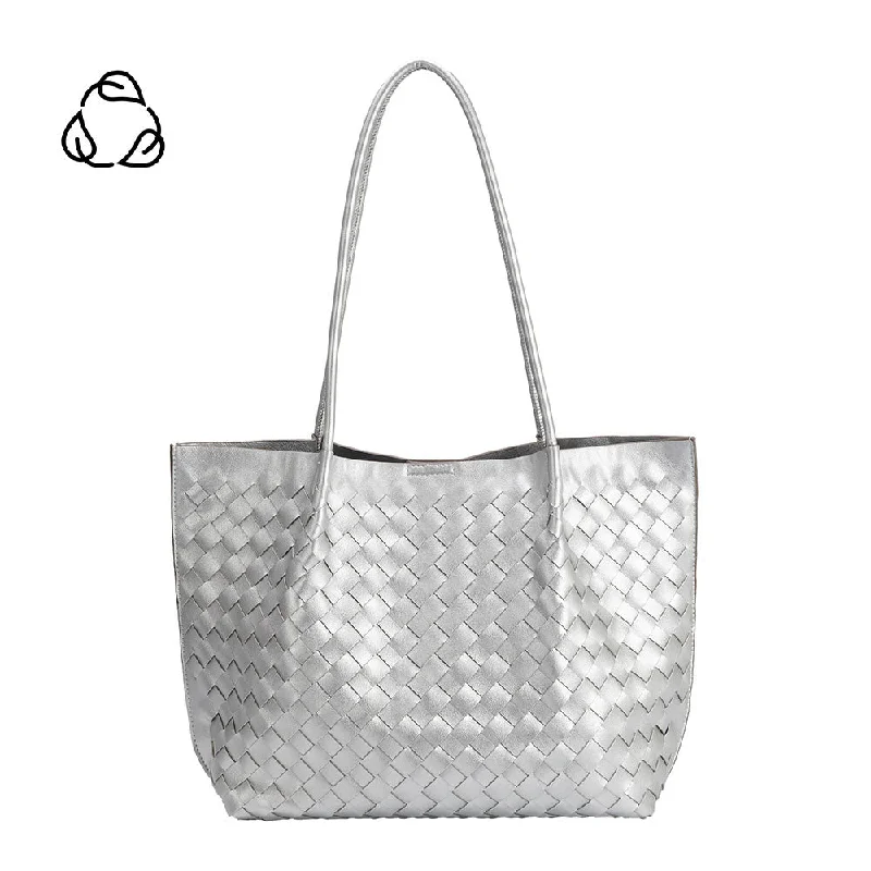 Large handle bags with spacious interior compartments -Victoria Silver Medium Recycled Vegan Tote Bag