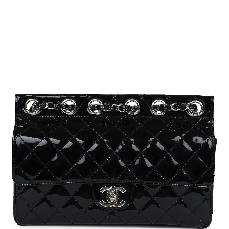 Handle bags with sturdy canvas for longevity -Vintage Chanel Chain Through Flap Bag Black Patent Silver Hardware