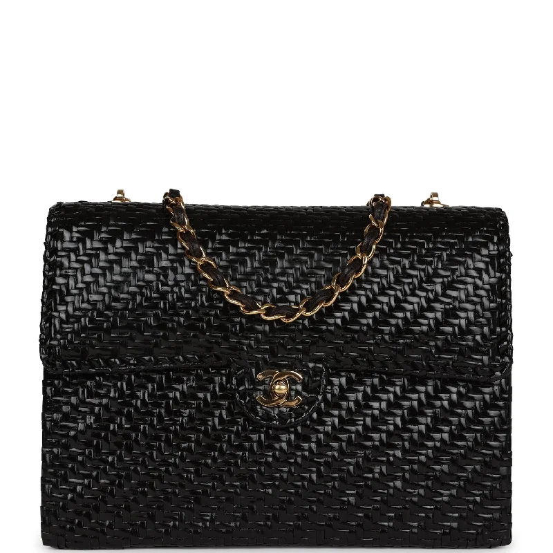 Handle bags with waterproof lining for protection -Vintage Chanel Flap Bag Black Wicker Gold Hardware