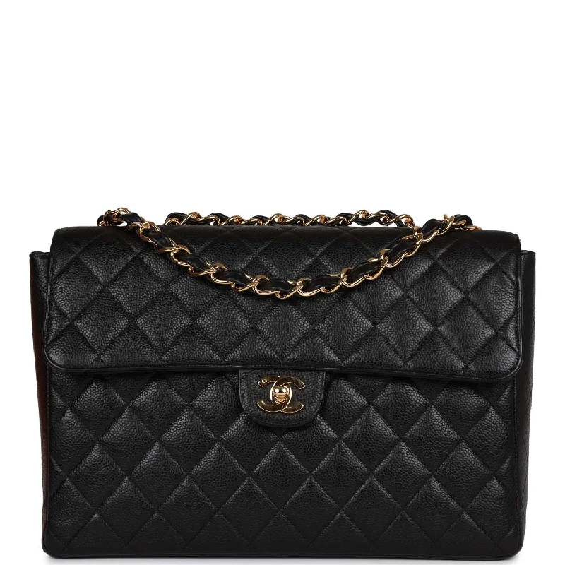 Handle bags with side pockets for organization -Vintage Chanel Jumbo Classic Single Flap Bag Black Caviar Gold Hardware