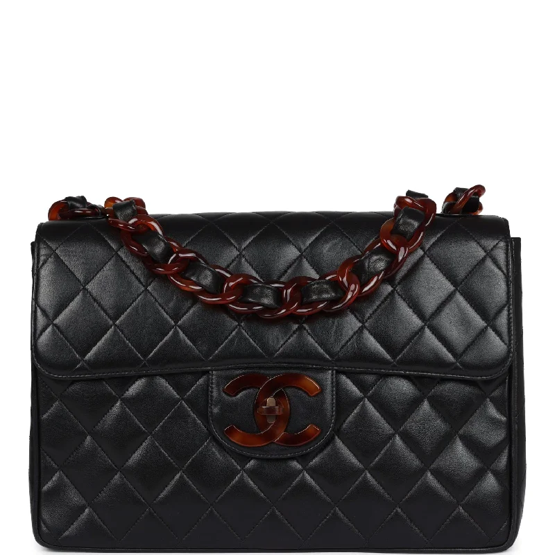 Handle bags with metallic finishes for shine -Vintage Chanel Jumbo Single Flap Bag Black Lambskin Tortoiseshell Hardware