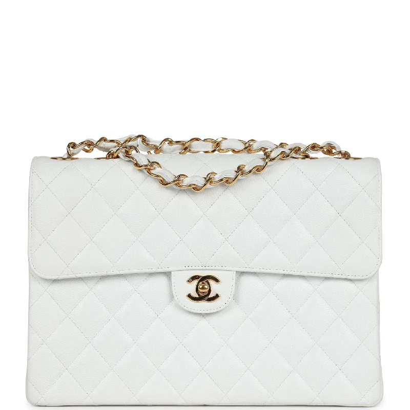 Reversible handle bags offering dual design styles -Vintage Chanel Jumbo Single Flap Bag White Caviar Gold Hardware