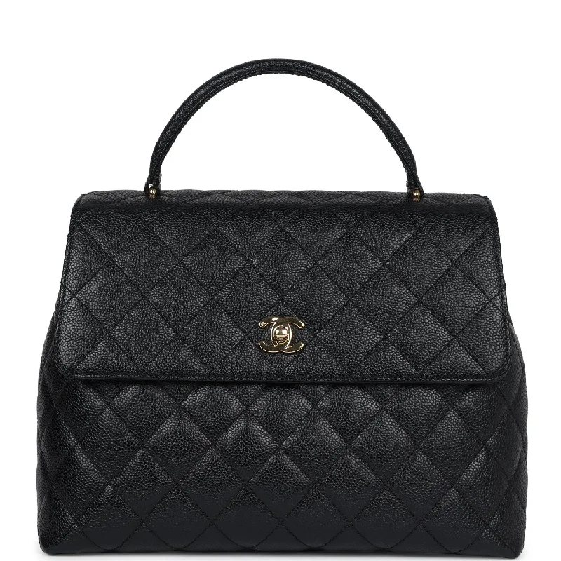 Handle bags with expandable sides for flexibility -Vintage Chanel Kelly Flap Bag Black Caviar Gold Hardware