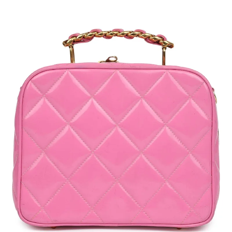 Handle bags with bold text for statements -Vintage Chanel Lunchbox Vanity Bag Pink Patent Gold Hardware