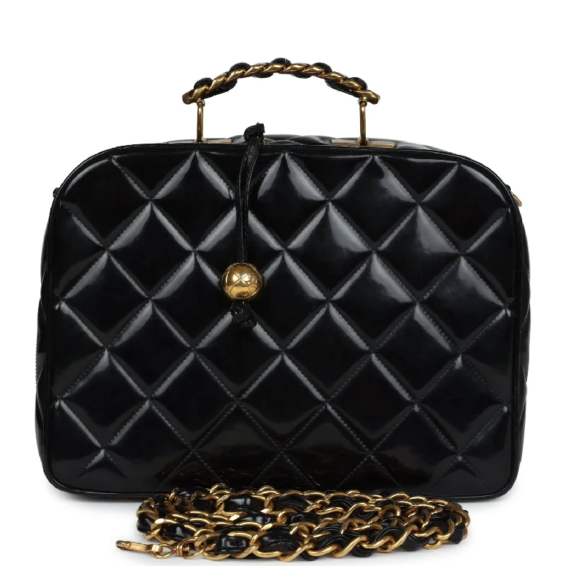 Handle bags with laptop sleeves for work -Vintage Chanel Lunchbox Vanity Black Patent Leather Gold Hardware