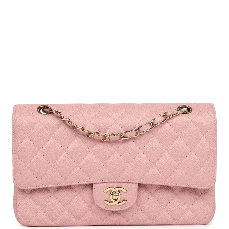 Handle bags with subtle embroidery for detail -Vintage Chanel Medium Classic Double Flap Bag Pink Caviar Gold Hardware