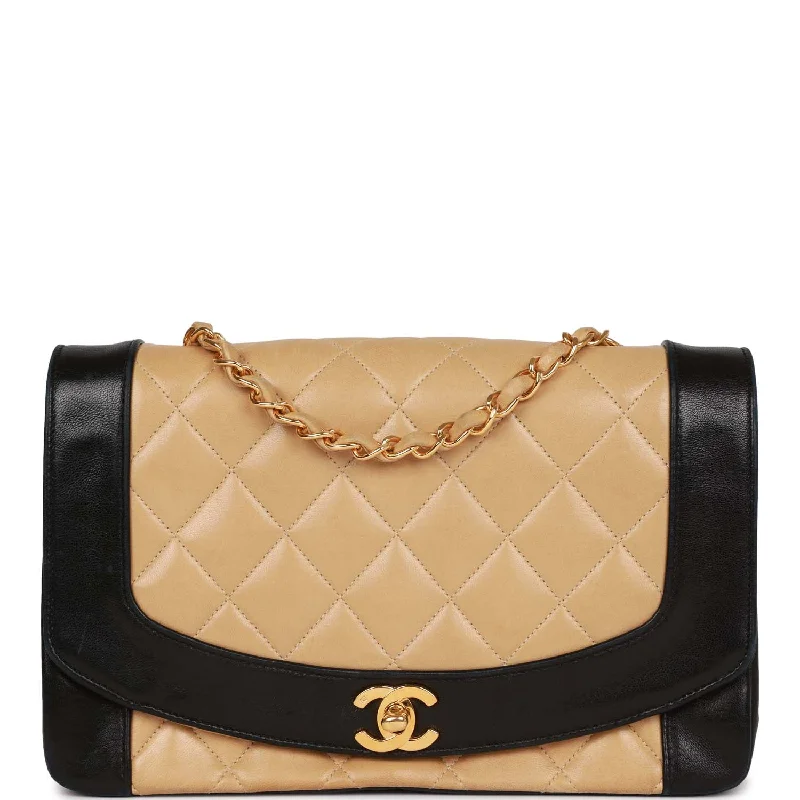 Handle bags with tropical prints for summer -Vintage Chanel Medium Diana Flap Bag Black and Beige Lambskin Gold Hardware