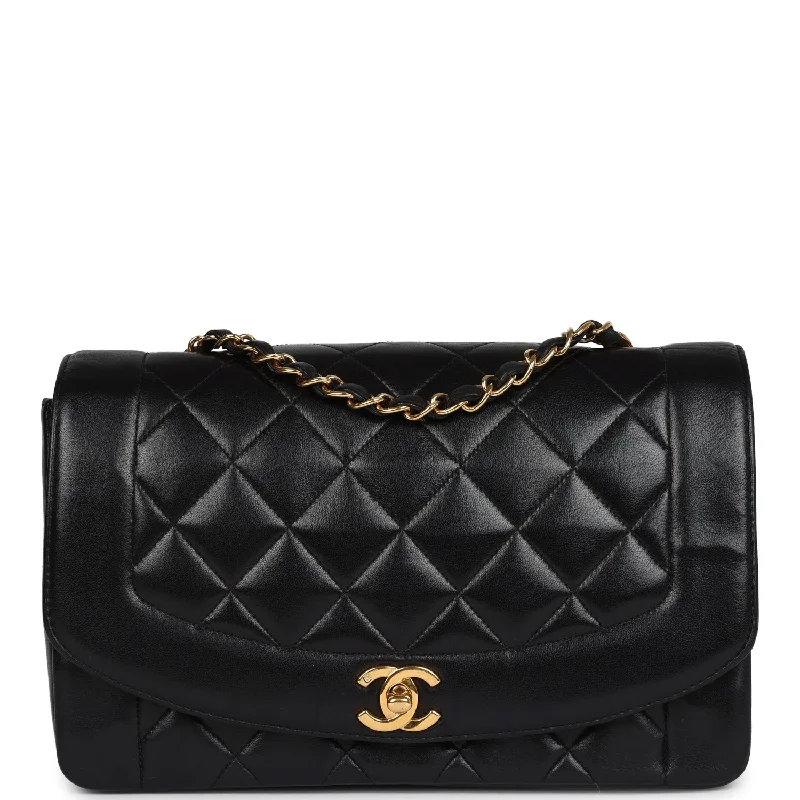 Handle bags with bold logos for branding -Vintage Chanel Medium Diana Flap Bag Black Lambskin Gold Hardware