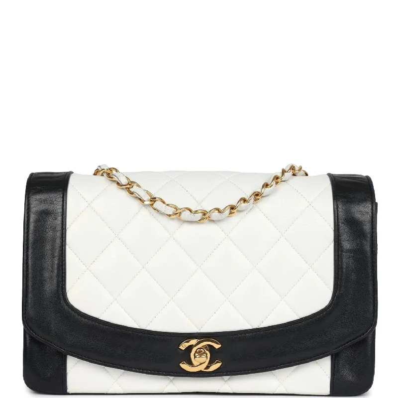 Canvas handle bags perfect for casual outings -Vintage Chanel Medium Diana Flap Bag White and Black Lambskin Gold Hardware