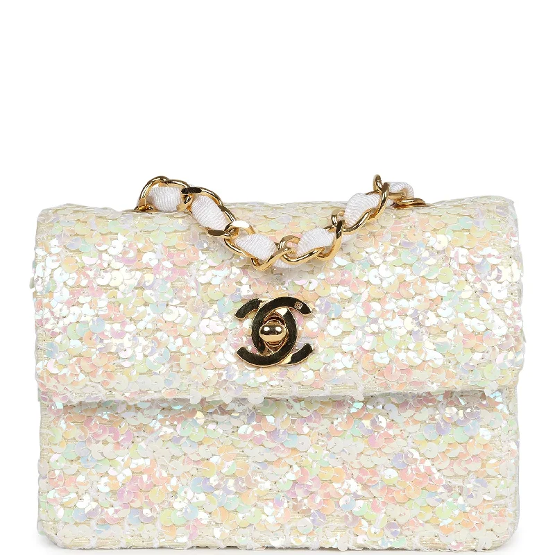 Cotton handle bags for lightweight casual wear -Vintage Chanel Micro Half Flap Iridescent Ivory Sequin Gold Hardware