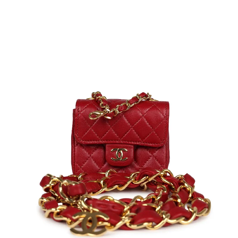 Handle bags with lightweight fabric for ease -Vintage Chanel Micro Belt Flap Bag Red Lambskin Gold Hardware