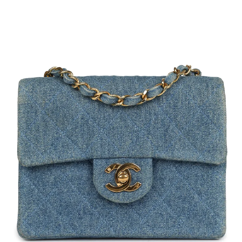 Handle bags with bright accents for pop -Vintage Chanel Mini Square Flap Bag Blue Denim Gold Hardware