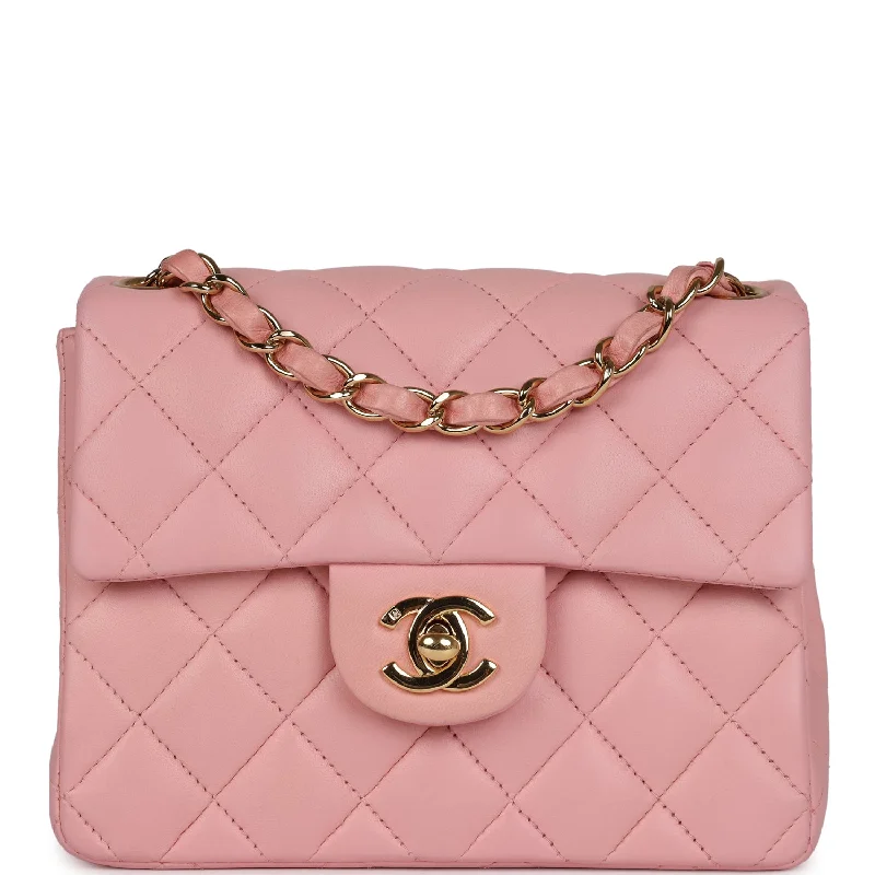 Handle bags with holiday themes for festivities -Vintage Chanel Mini Square Flap Light Pink Lambskin Gold Hardware