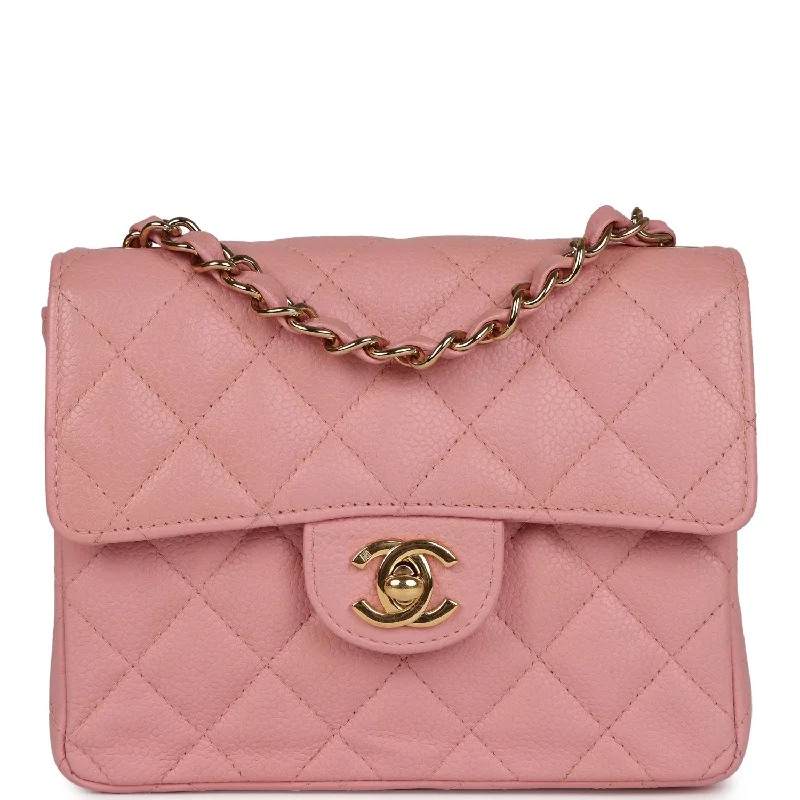 Handle bags with wide openings for access -Vintage Chanel Mini Square Flap Pink Caviar Gold Hardware