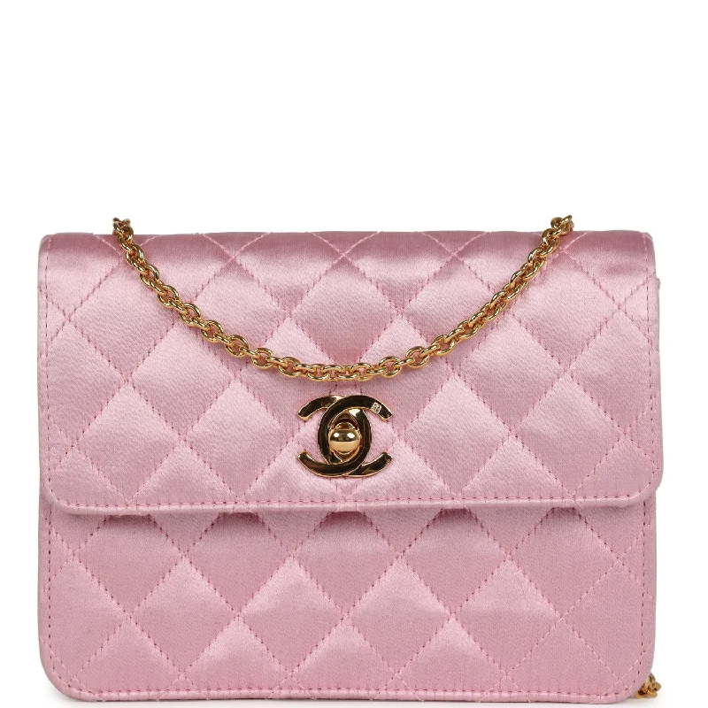 Handle bags with tie-dye patterns for fun -Vintage Chanel Mini Straight Flap Bag Pink Satin Gold Hardware