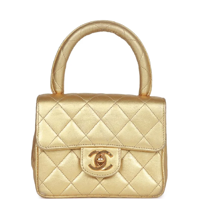 Handle bags with animal prints for flair -Vintage Chanel Mini Top Handle Kelly Child Flap Bag Gold Metallic Lambskin Gold Hardware