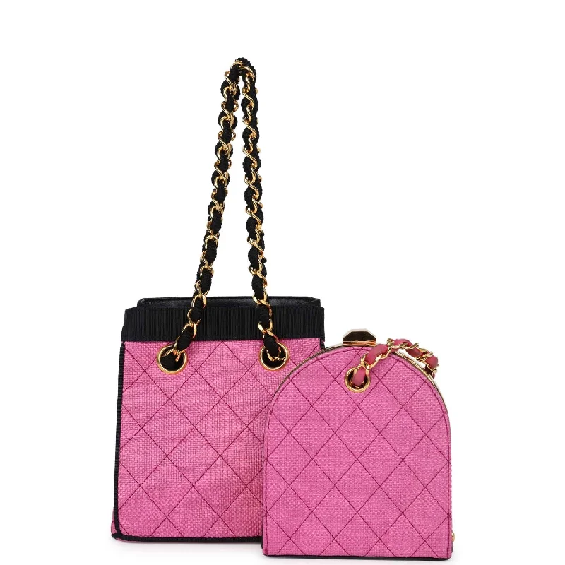 Handle bags with seasonal prints for holidays -Vintage Chanel Set of Two Mini Bucket Bag & Oval Handbag Pink and Black Raffia Gold Hardware